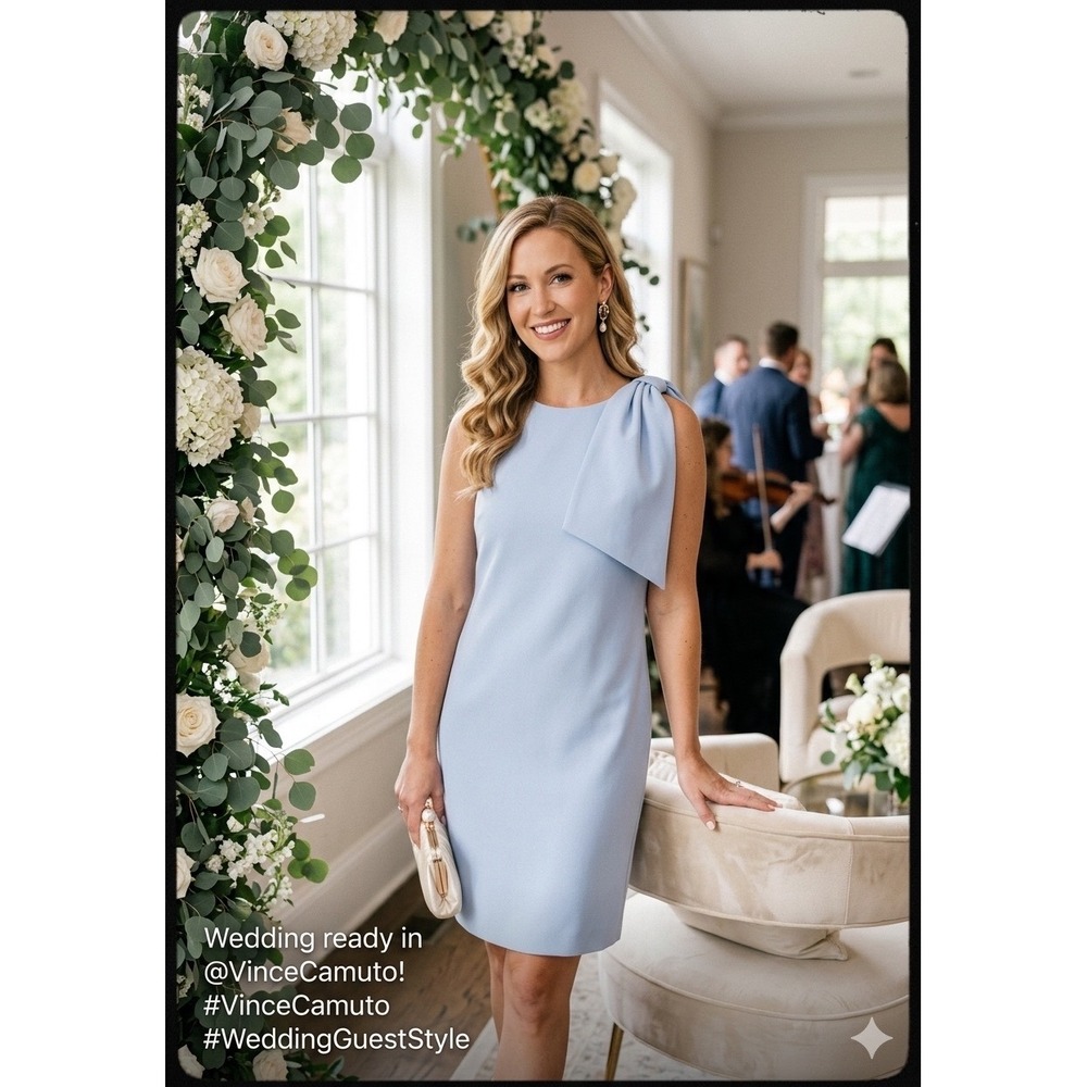 Vince Camuto Light Blue Bow-Shoulder Mini Dress
